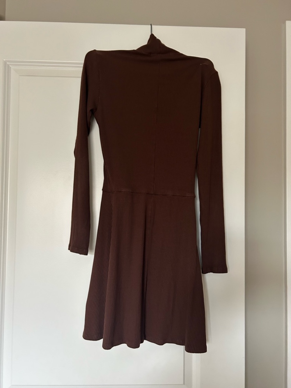 Reformation Brown Ribbed Long-Sleeve Mock Neck Fit & Flare Dress